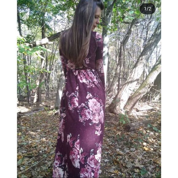 Inherit Clothing Co Dress Women's XS Burgundy Floral Long Sleeve Maxi Modest - Picture 5 of 5